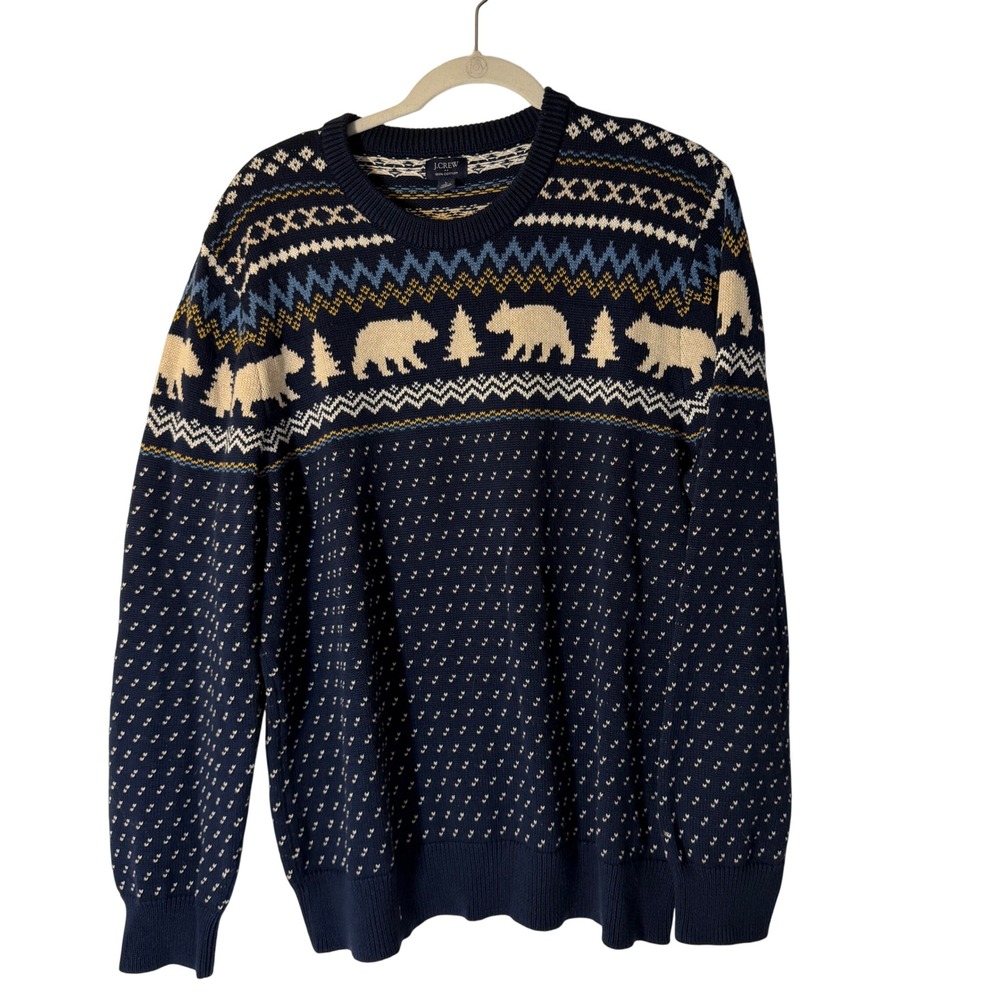 J.Crew Mens Large Navy Blue Fair Isle Bear Pine Tree Cotton Knit Sweater